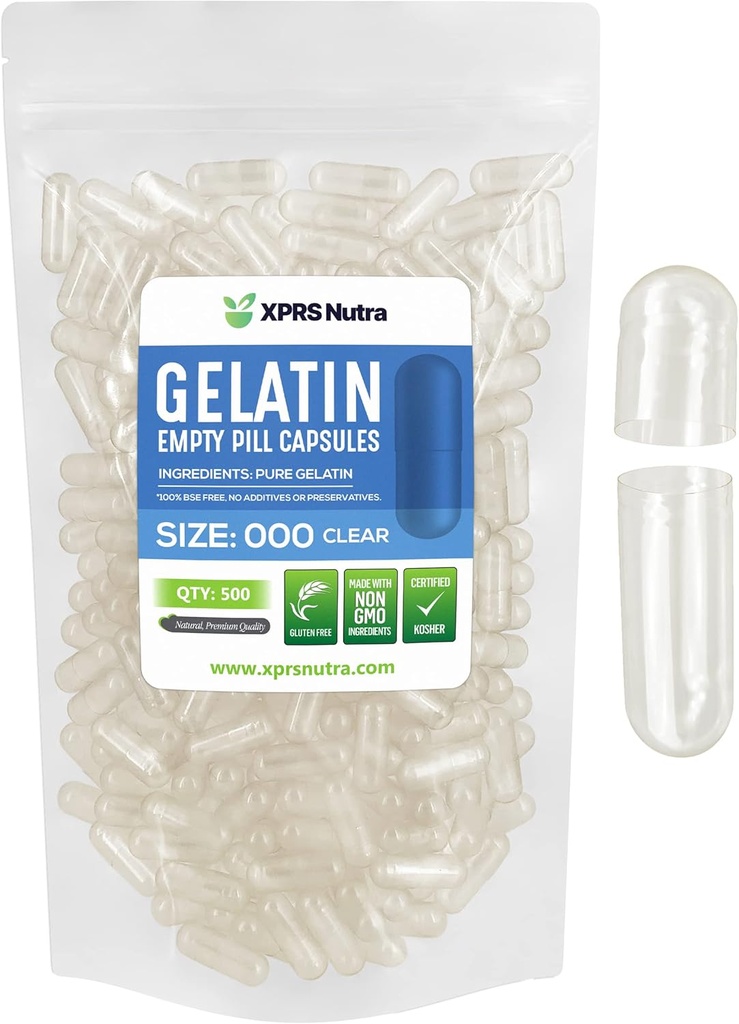 XPRS Nutra Size 000 Empty Capsules - 500 Count Clear Large Empty Gelatin Capsules - Pills for DIY Supplement Capsule Filling - Fillable Color Gel Caps Pills for Do-It-Yourself Supplements