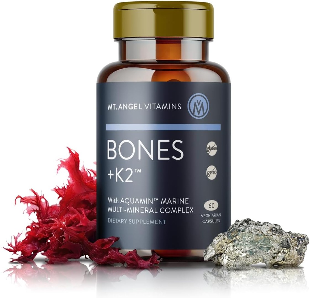 Mt. Angel Vitamins - Bones + K2, Comprehensive Bone Support Calcium Supplement, Aquamin 1600 mg, Magnesium, plus trace minerals, Vitamin K2 (MK7), Manganese, Vitamin D3, Boron - 60 Vegetarian Capsules