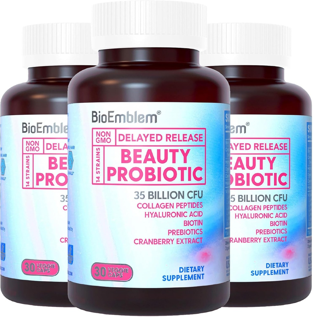 BioEmblem Beauty Probiotics for Women, 35 Billion CFU 14 Strains with Biotin, Collagen, Prebiotics for Digestive Health, Hair Skin and Nails, Vaginal Probiotics Supplement, Shelf Stable, 90 Caps