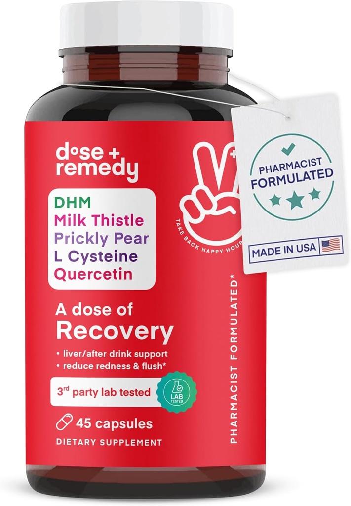 A dose of Recovery|Liver Detox | Made in USA | USDA | Hydration Support for Better Morning Recovery Asian Flush | Dihydromyricetin DHM, Quercetin, Vitamin B, Milk Thistle, Prickly Pear, | (45 Pills)