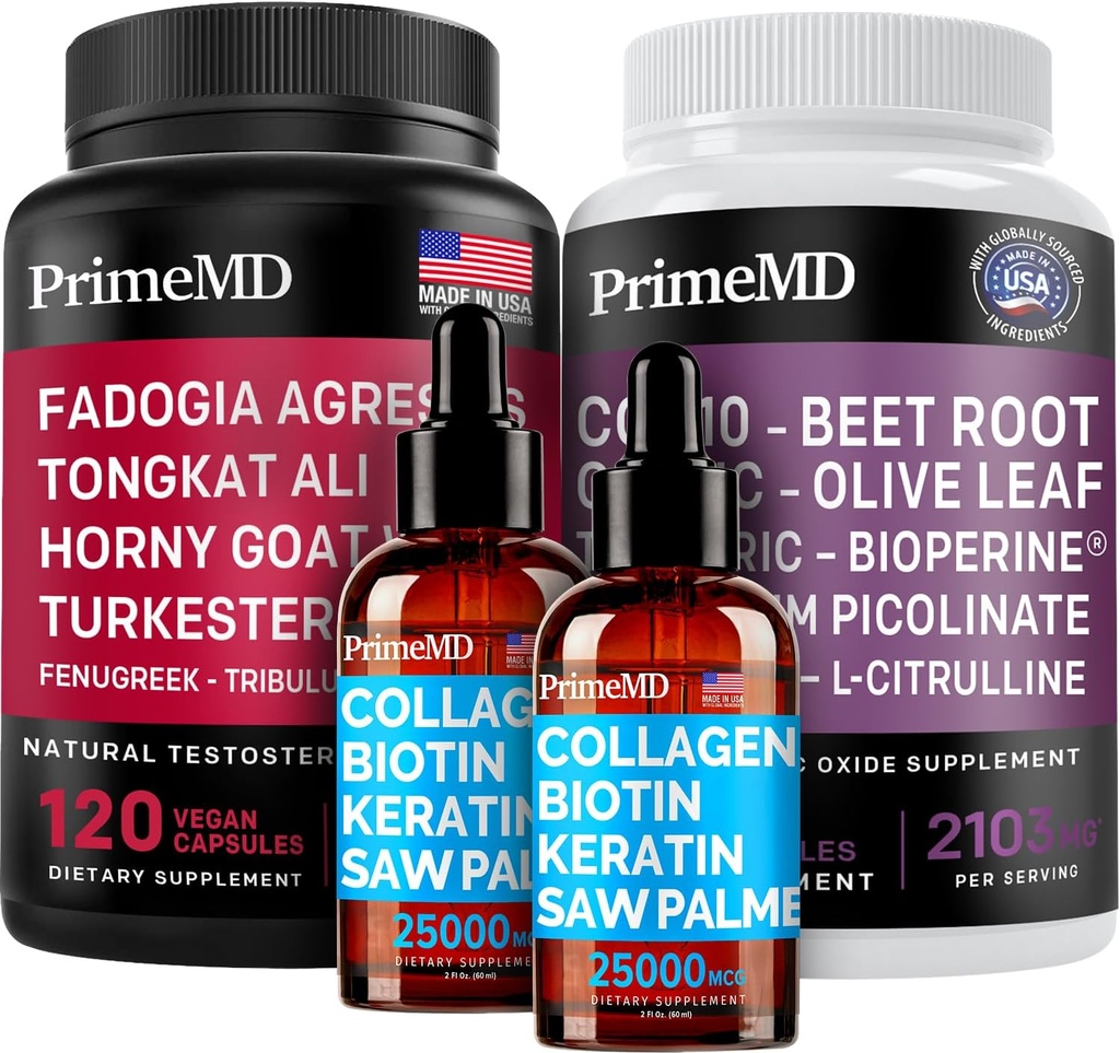 Liquid Collagen Biotin (2pk), Fadogia Tongkat Ali (1pk), and Nitric Oxide (1pk) Supplement Bundle - Potent Vitamins for Hair, Skin, Nails, Heart, Energy, & Testosterone Support - Non-GMO, Vegan