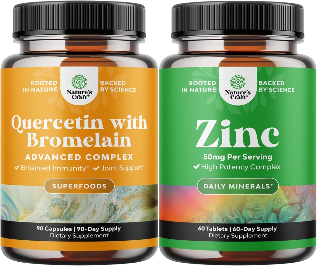 Bundle of Pure Quercetin with Bromelain Supplement + 500mg Capsules for Immune Support & Breathing and Zinc 50mg - Enhance Hair Skin and Nails - Easy to Swallow Potent Daily Tablets for Adults