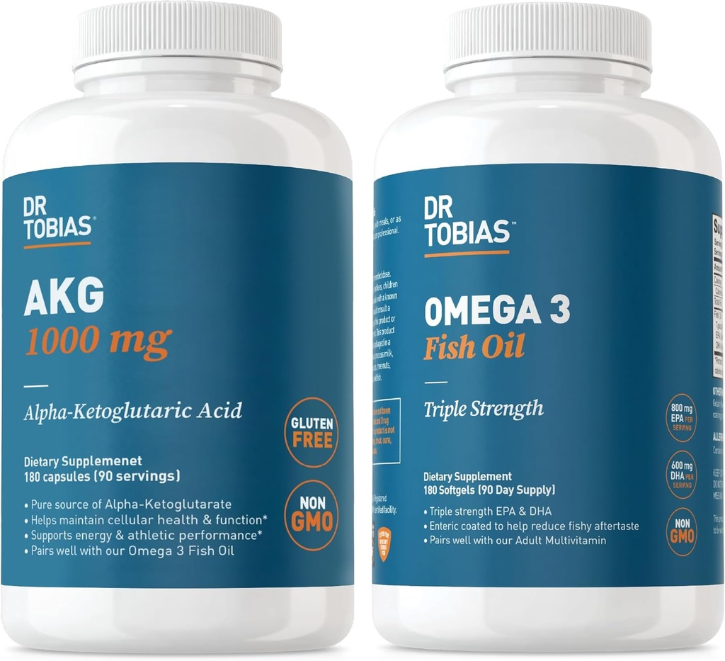 Dr. Tobias AKG Supplement & Omega 3 Fish Oil, Support Cellular Energy & Overall Health with AKG and Triple-Strength Omega 3 EPA & DHA, Non-GMO