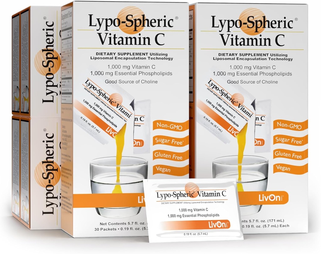 Lypo–Spheric Vitamin C - 6 Cartons (180 Packets) – 1,000 mg Vitamin C & 1,000 mg Essential Phospholipids Per Packet – Liposome Encapsulated for Improved Absorption – 100% Non–GMO