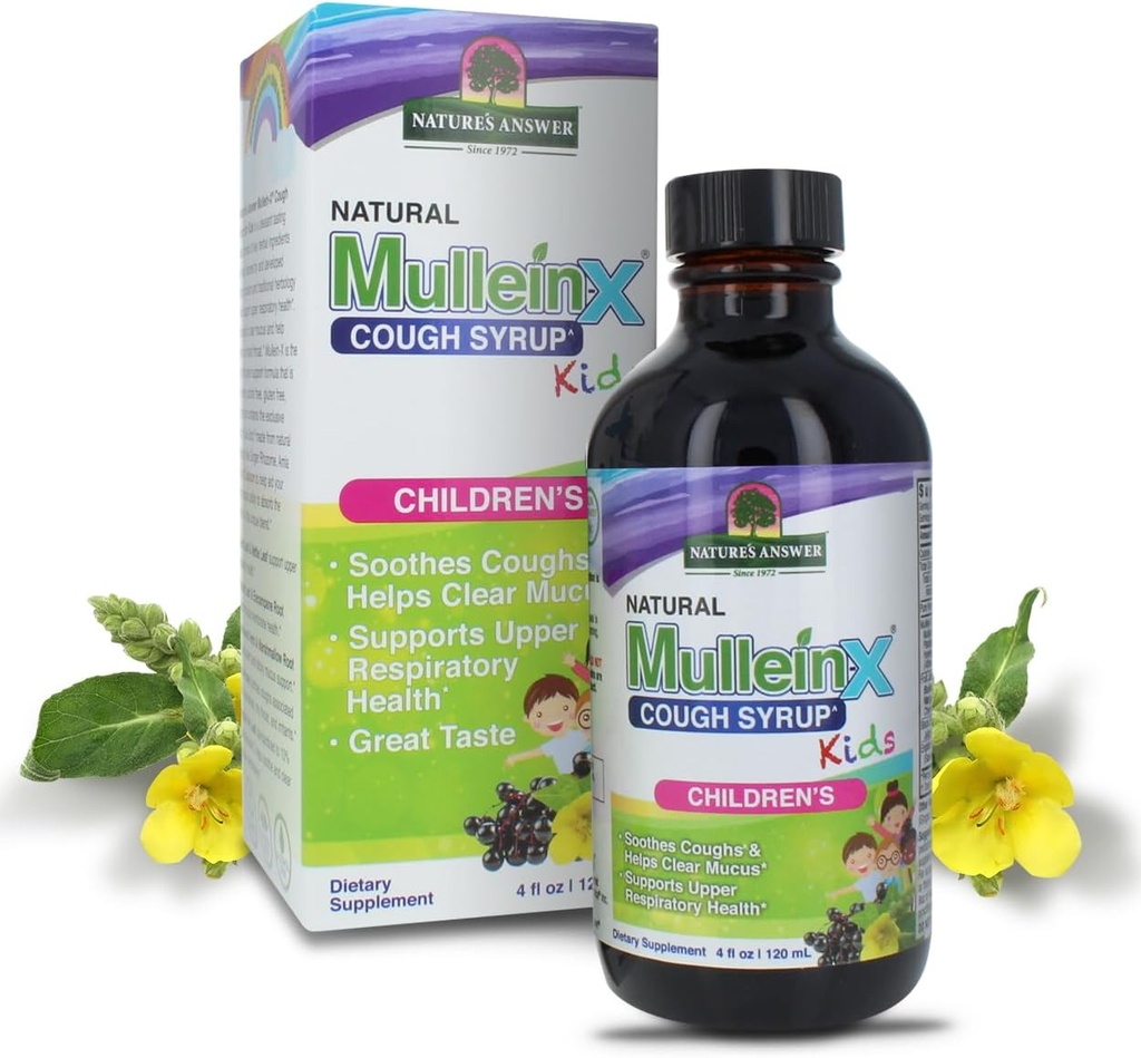 Nature's Answer Mullein X Kids Cough Syrup 4 Ounce - Soothes Coughs, Clears Mucus, Respiratory & Lung Support, Non GMO, Gluten Free, Non Drowsy, Mucus Relief - Natural Honey Flavor