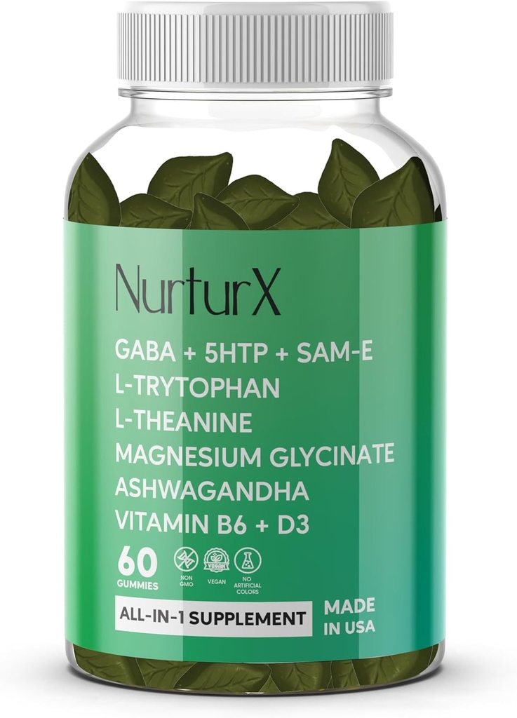 GABA + 5-HTP + SAM-e, L-Tryptophan, L-Theanine, Ashwagandha Gummies, All-in-One Natural Supplement, Made in USA, Vegan, 60 Gummies