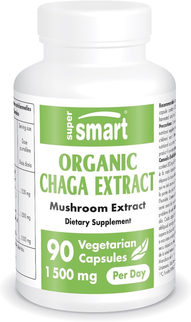 Supersmart - Organic Chaga Extract 1500mg per Day (High Strength) - Wild & Hand Picked Chaga Mushrooms Supplement | Non-GMO & Gluten Free - 90 Vegetarian Capsules
