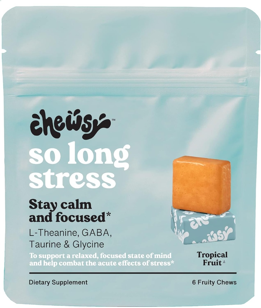 Chewsy So Long Stress, Calm Fruity Chews, Stay Calm & Focused. w/L-theanine, Amino Acid, GABA, Glycine, Tyrosine, Taurine & Magnesium. Non-GMO and Gluten-Free. Tropical Fruity Chews, 6-Day Supply