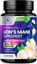 Lions Mane Mushroom Capsules 10,000mg - Lion’s Mane Supplement Capsules for Memory and Focus Support, Brain, Immune Health Support, Vegan, Bottled in USA, Lions Mane Mushroom Powder Extract, 60 Count