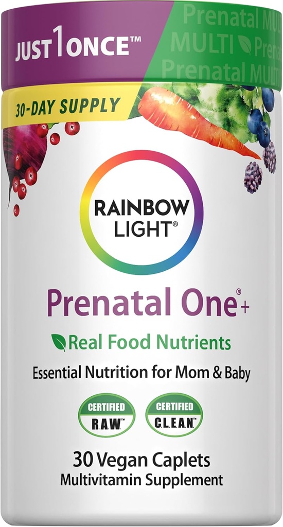Rainbow Light Prenatal Multivitamin One + for Women | 30 Caplets | Essential Nutrition for Mom & Baby | Real Food Nutrients | with Iron, Vitamins and More