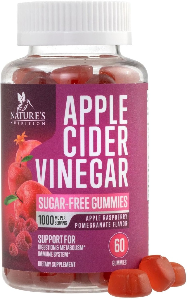 Apple Cider Vinegar Gummies 1000mg - Sugar Free ACV Gummy Vitamin B12 for Cleanse, Digestion Energy & Immune Health Support, Natural Premium Apple Raspberry Flavor, Gluten Free & Vegan - 60 Gummies