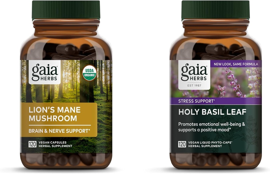 Gaia Herbs Lion’s Mane Mushroom - Help Maintain Neurological Health - 120 Vegan Liquid Phyto-Capsules & Holy Basil Leaf - Helps Sustain a Positive Mindset and Balance in Times of Stress - 120 Vegan Li