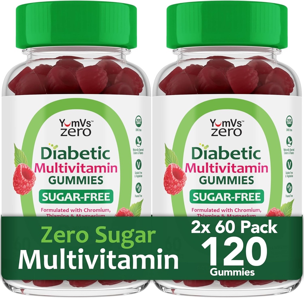 YUM-V'S Multivitamin Gummies | Sugar Free Supplement Vitamins for Women & Men | Chromium, Thiamine and Magnesium | Natural Raspberry Flavor Chewables - 60 Count- (Pack of 2)