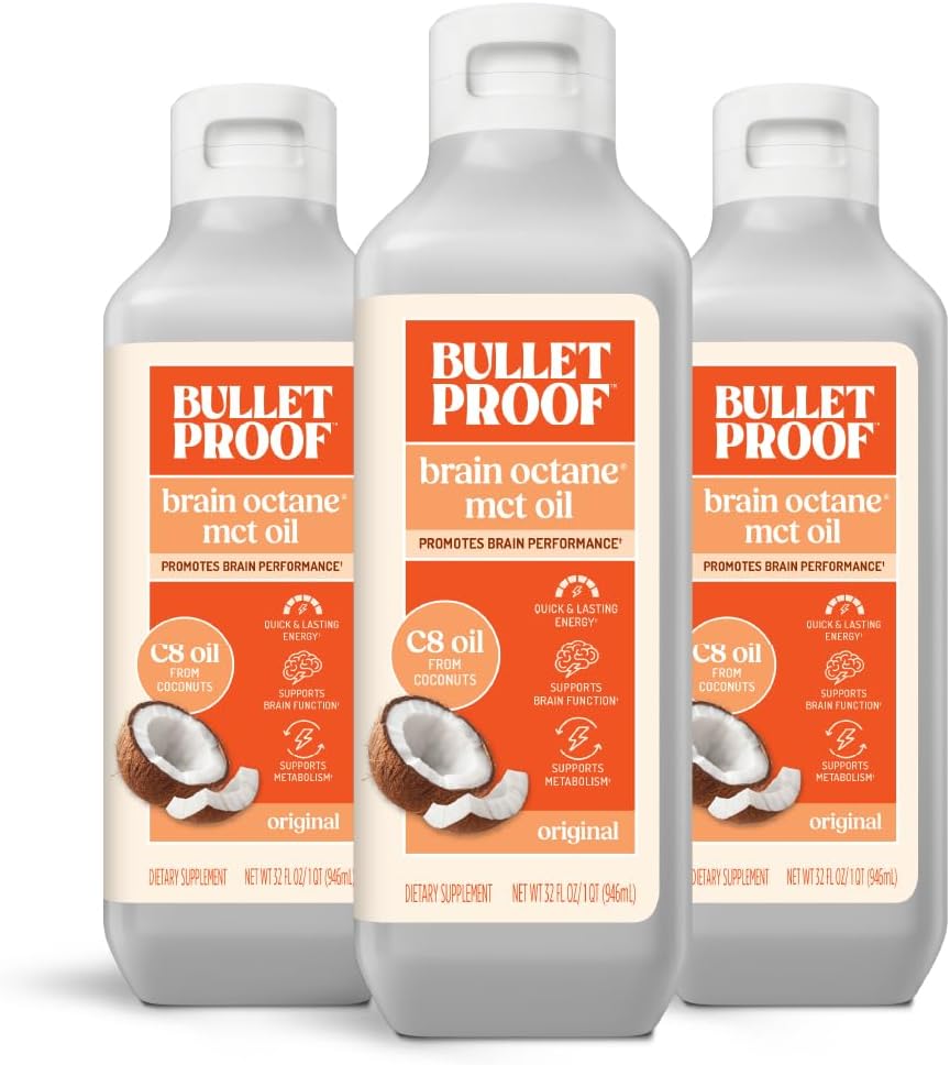 Bulletproof Brain Octane C8 MCT Oil, 32 Ounces (Pack of 3), Keto Supplement for Sustained Energy and Craving Support
