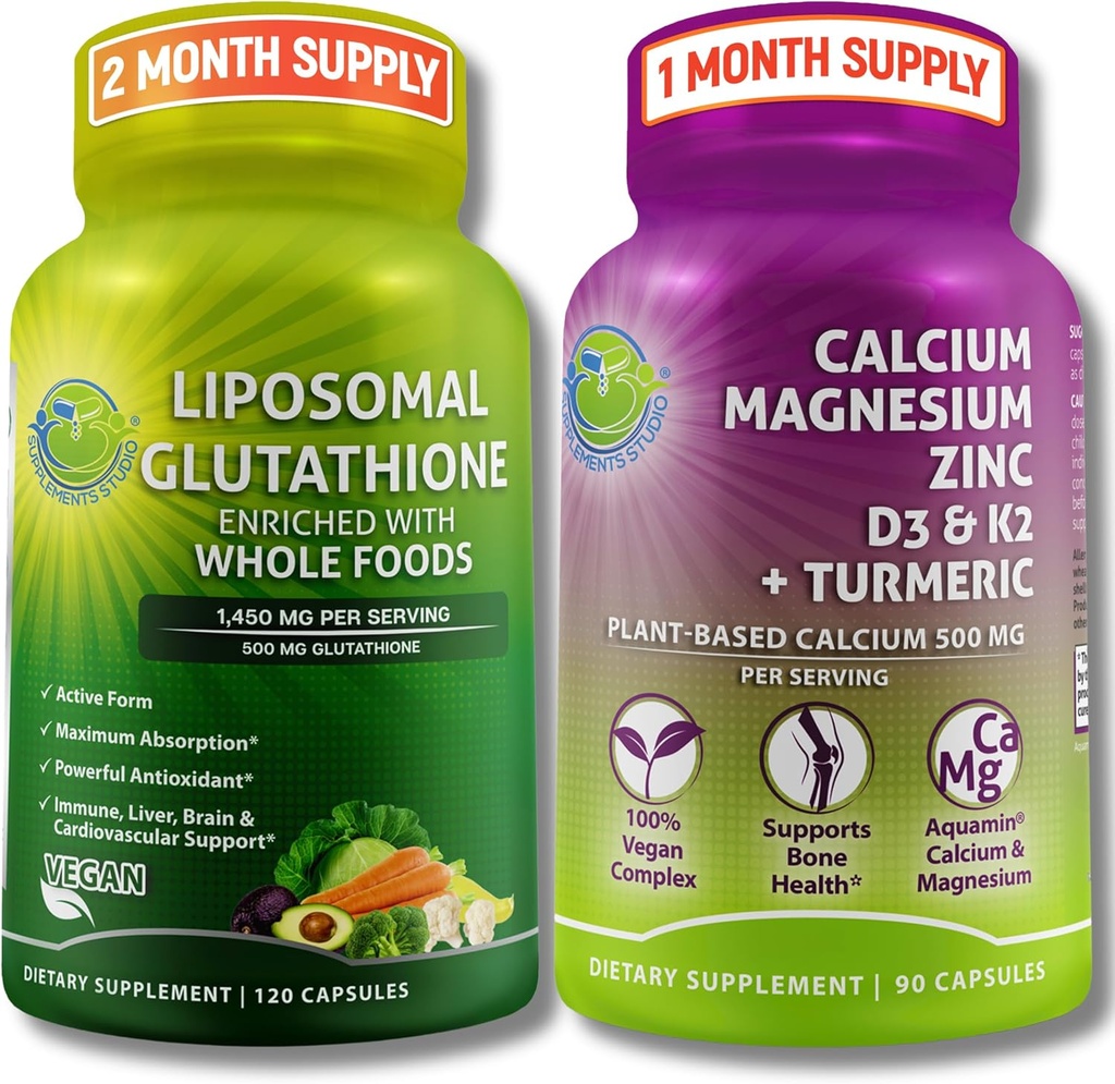 SUPPLEMENTS STUDIO Liposomal Glutathione 500mg Enriched with Organic Whole Foods + Plant-Based Calcium, Magnesium, Zinc, D3 & K2 with Turmeric – Vegan, Non-GMO, Clean Daily Wellness Support