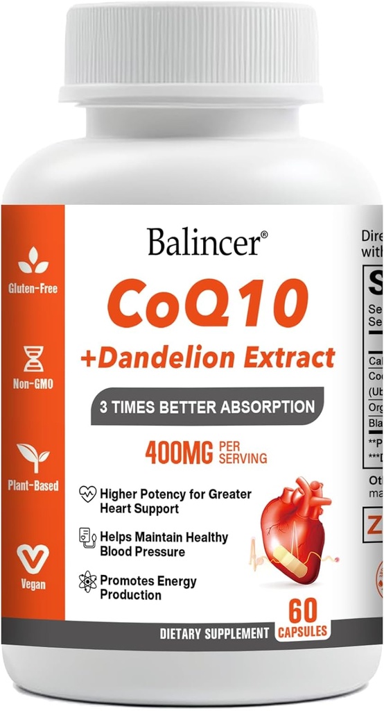 CoQ10 400mg 3 Times Absorption Coenzyme Q10 Powerful-Antioxidant Supplement with Organic Dandelion Root & Black Pepper, Support Heart Health & Energy Production, 60 Veggie Capsules