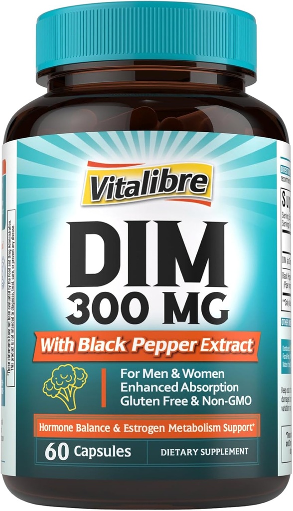 DIM Supplement for Women & Men, Estrogen Metabolism, Hormone Balance & Menopause Support, DIM 300 mg with Black Pepper Extract, High Absorption, 60 Capsules