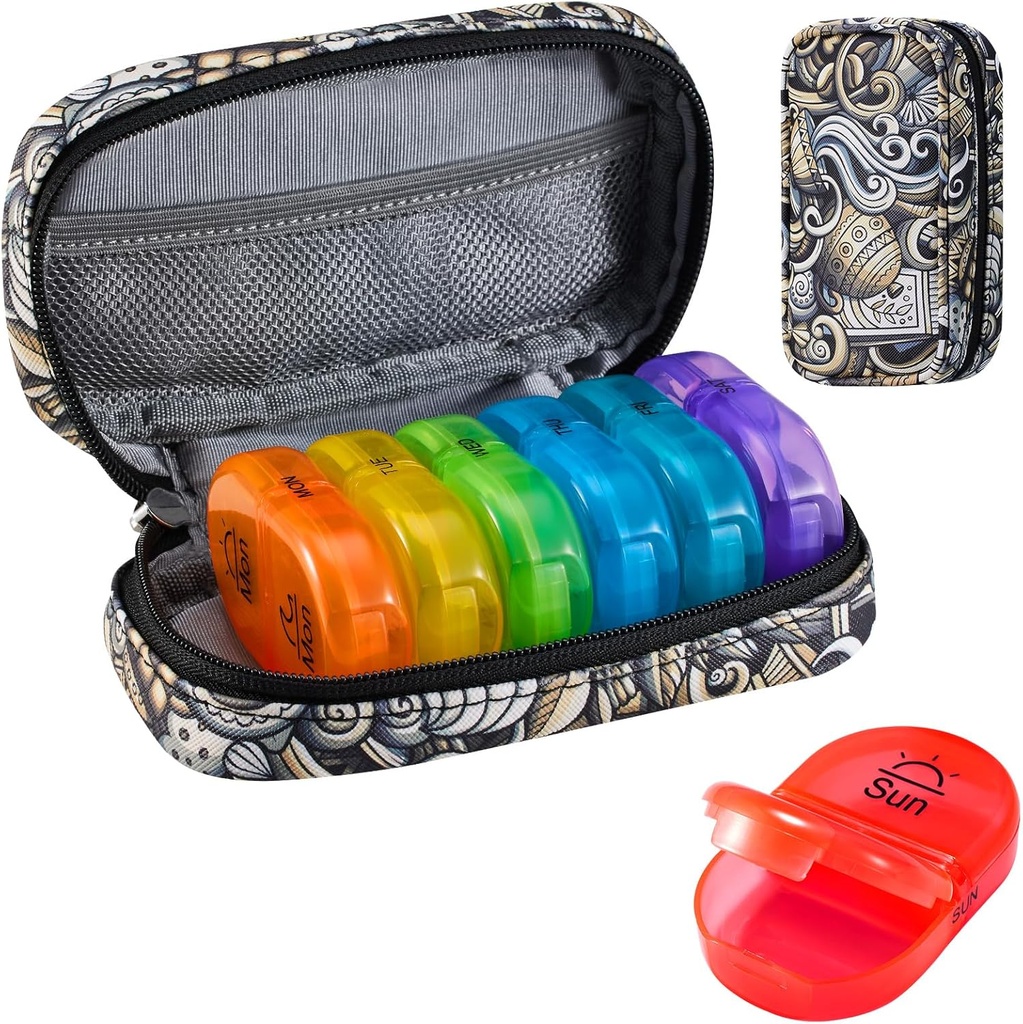 Serfeymi Weekly Travel Pill Organizer 2 Times A Day AM PM Upgraded Rainbow Pill Box 7 Day with Portable Zipper PU Leather Pill Case, Medicine Organizer for Pills, Vitamins, Fish Oils - Brown 03