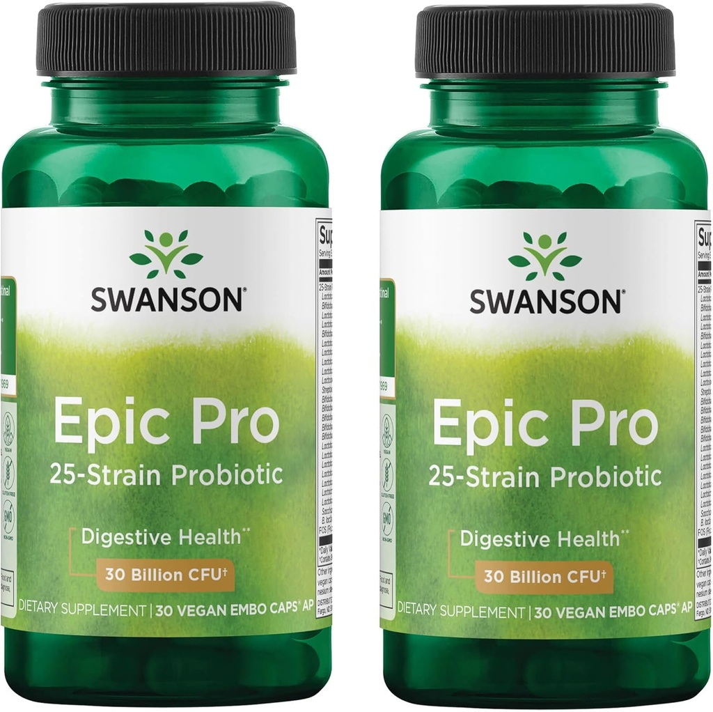 Swanson Epic-Pro 25-Strain Probiotic 30 Billion CFU Digestive Health Immune System Support Prebiotic Nutraflora FOS 30 DRcaps Veggie Capsules (Caps) (2 Pack)