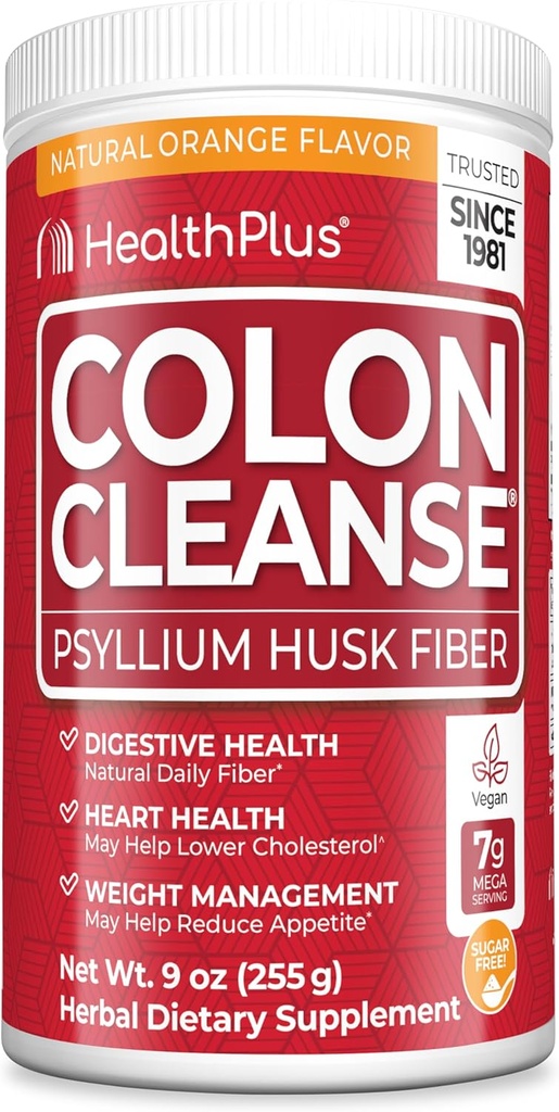 Health Plus Colon Cleanse Digestive Support | No Artificial Flavors | Daily Fiber for Toxin Elimination To Reduce Bloating | Psyllium Husk | Orange Flavor | 9 Ounces, 36 Servings