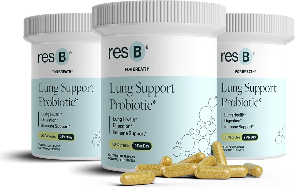 resbiotic resB Lung Support Probiotic Supplement - Lung Health Supplement for Smokers, Gut Health, Immune Support, Respiratory Care, Holy Basil, Turmeric, Clinically Trialed - 180 Capsules (3 Bottles)