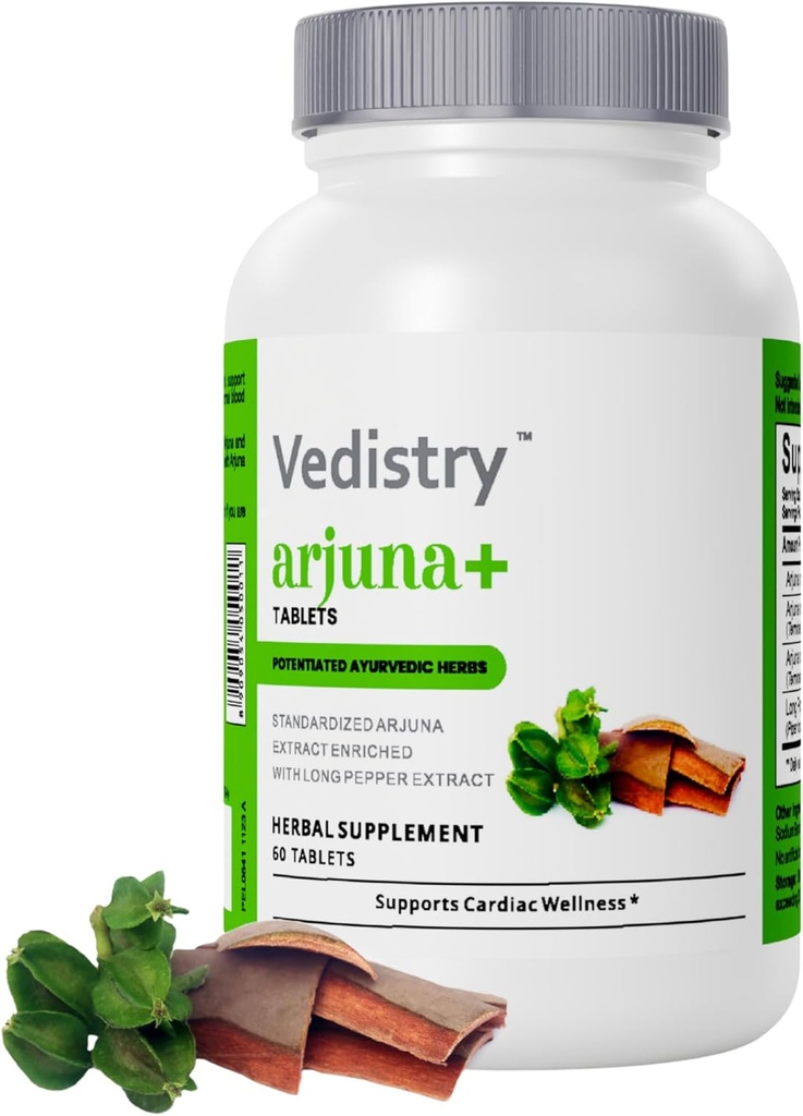 Arjuna Bark Extract Supplement | 1100mg Arjuna Tablets with Long Pepper for Heart Health & Blood Pressure Support | Organic & Vegan Herbal Cardiovascular Supplement | 60 Arjuna Tablets
