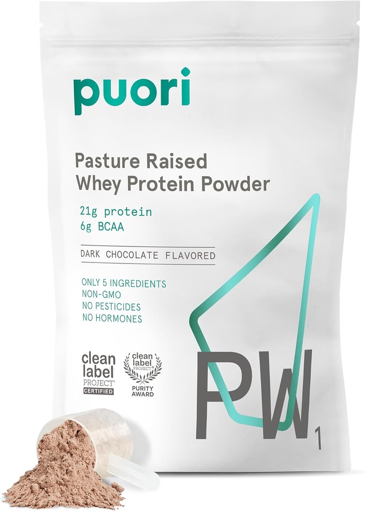 Puori Whey Protein Powder, Dark Chocolate - PW1 Pasture-Raised, Grass-Fed Whey Protein Powder Drink Mix containing BCAA Amino Acids - Post-Workout Supplement for Muscle Gain & Recovery - 30 Servings