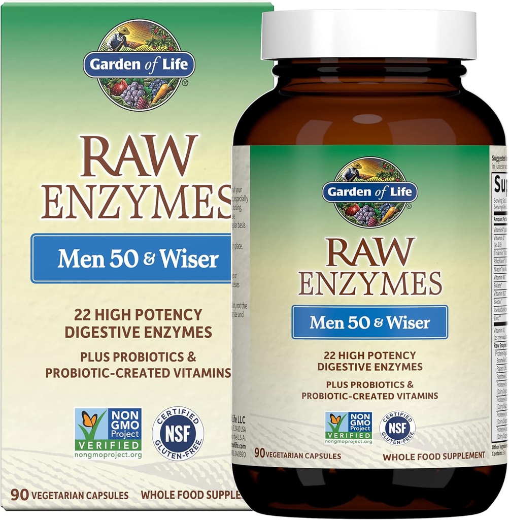 Garden of Life 22 Digestive Enzymes for Men 50 & Over with Bromelain, Papain & Lactase Plus Probiotics & Vitamins B12, Biotin & Zinc – RAW Enzymes – Non – GMO, Gluten-Free, Vegetarian, 90 Capsules