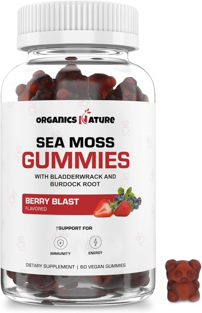 ORGANICS NATURE Irish Sea Moss Gummies for Lung Detox, Thyroid, Strength Immune & Energy Support, Vegan Seamoss Gummies for Kids & Adults - 60 Vegan Gummy Bears Berry Flavored