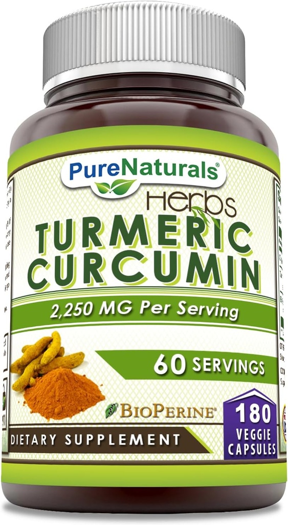 Pure Naturals Turmeric Curcumin with Bioperine 2250 mg Per Serving Supplement | Veggie Capsules | Non-GMO | Gluten Free | Made in USA (1 Pack, 180 Count)