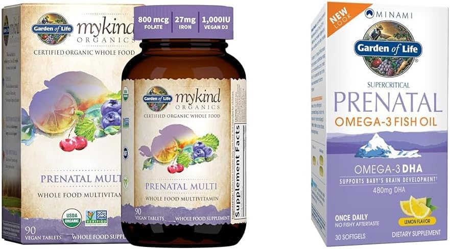 Garden of Life Women’s Prenatal Multivitamin with Vitamin D3, B6, B12, C & Iron & Minami Natural Prenatal DHA Omega 3 Fish Oil Supplement Softgels, Lemon, 30 Count