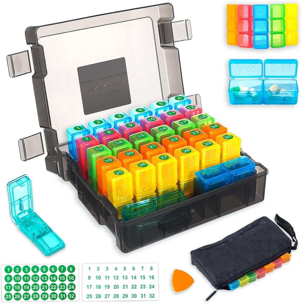 Monthly Pill Organizer 2 Times a Day with 31-Day Moistureproof Box, Weekly Pill Bag, Pill Cutter, Plastic Opening Pick for Easy Use, Large Capacity for Convenient Medication Management(Black)
