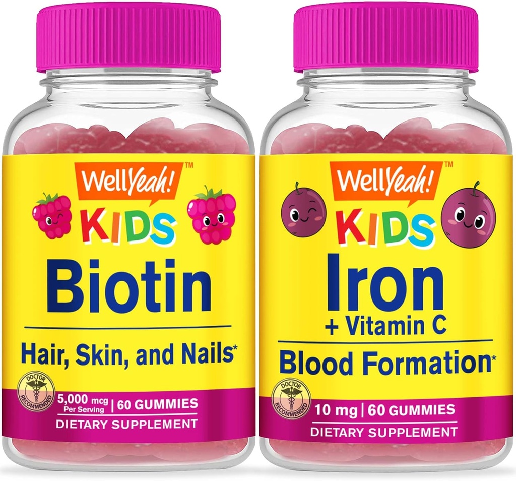 WellYeah Biotin Kids + Iron + Vitamin C Kids, Gummies Bundle - Great Tasting, Vitamin Supplement, Gluten Free, GMO Free, Chewable Gummy