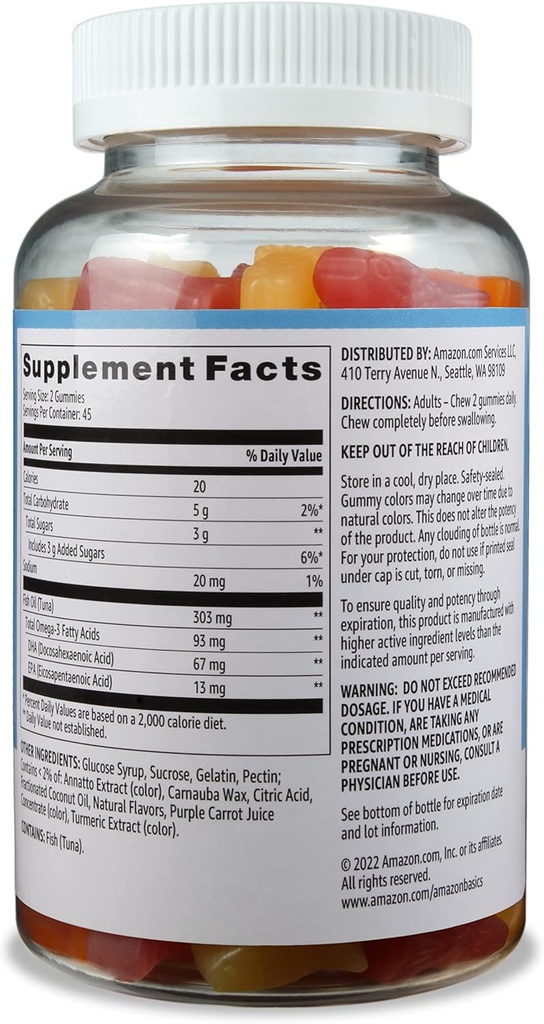 Amazon Basics Fish Oil 303 mg, Lemon, Orange & Strawberry-Banana Flavors, 90 Gummies (2 per Serving), EPA and DHA Omega-3 Fatty acids (Previously Solimo) (Pack of 2)