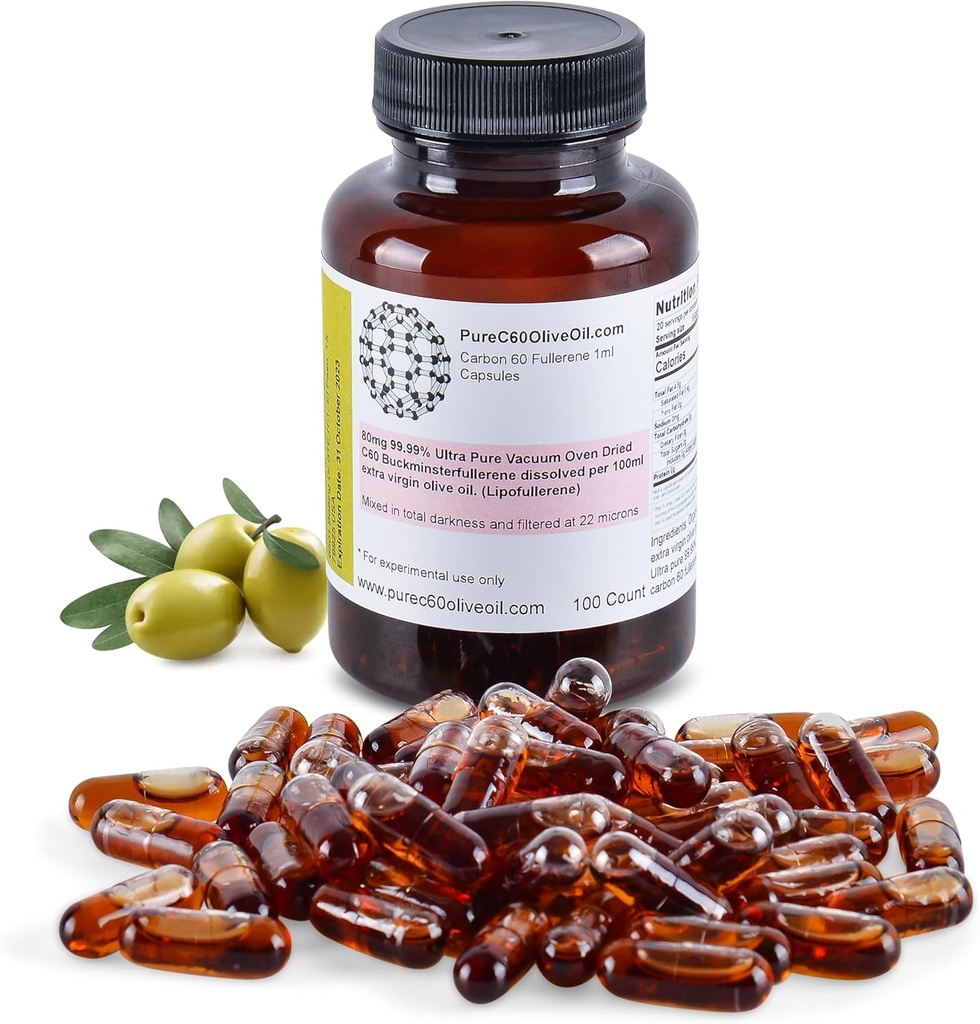 PureC60OliveOil C60 Organic Olive Oil Capsules Pills 100ml / 3.4 Fl Oz - 99.99% Carbon 60 Solvent Free 80mg - Food Grade - Carbon 60 Olive Oil - from The Leading Global Producer