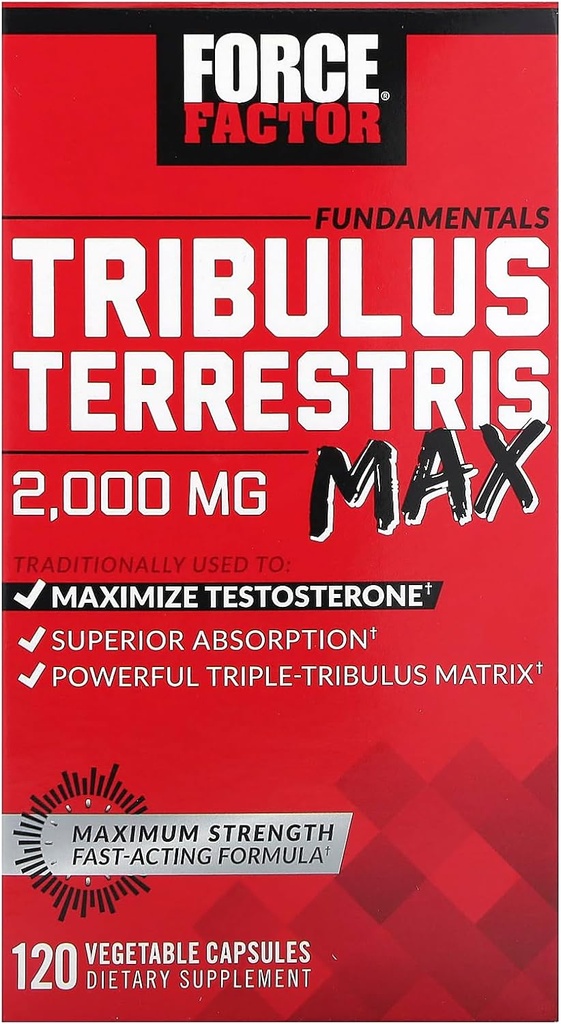 FORCE FACTOR Tribulus Terrestris Max for Men, Testosterone Booster and Male Vitality Supplement, for Superior Absorption, 2000mg, 120 Capsules
