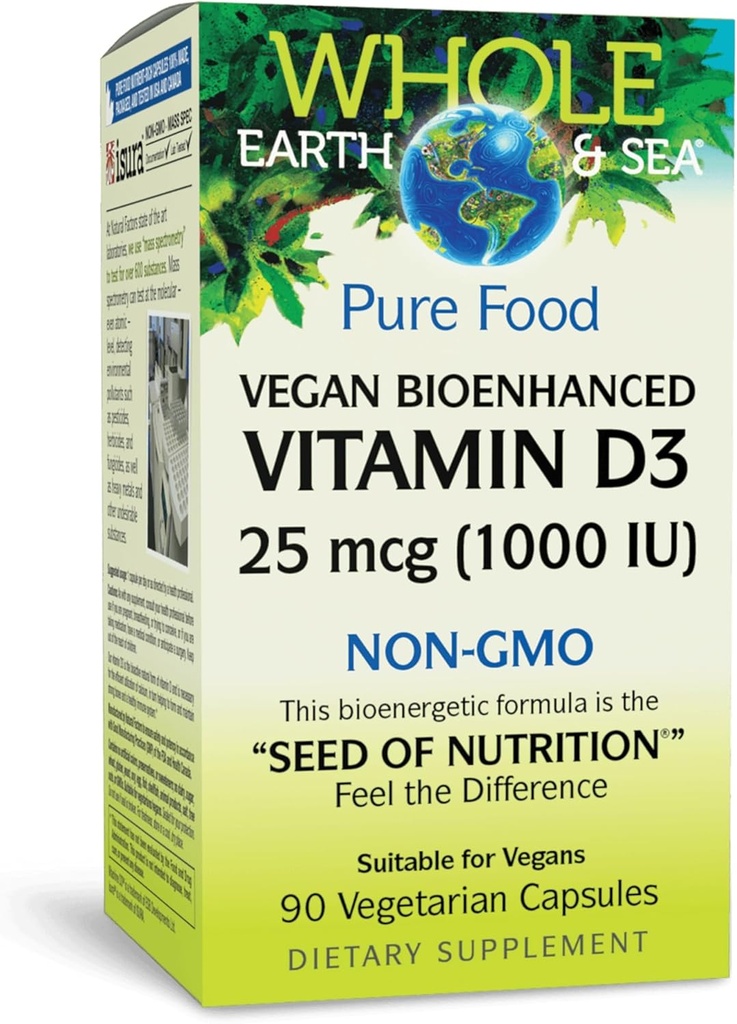 Whole Earth & Sea from Natural Factors, Vitamin D3 1000 IU (25 mcg), Whole Food Supplement, Vegan, 90 Capsules