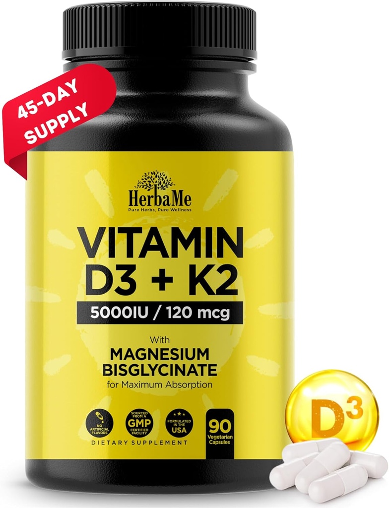 Vitamin D3 5000 IU + K2 with Magnesium Bisglycinate for Max Absorption | 90 Capsules | Immune Support | Promotes Heart, Bone and Muscle Health