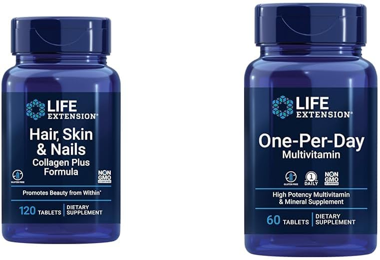 Life Extension Hair, Skin & Nails Collagen Plus Formula with Multivitamin - 120 Count & 60 Tablets