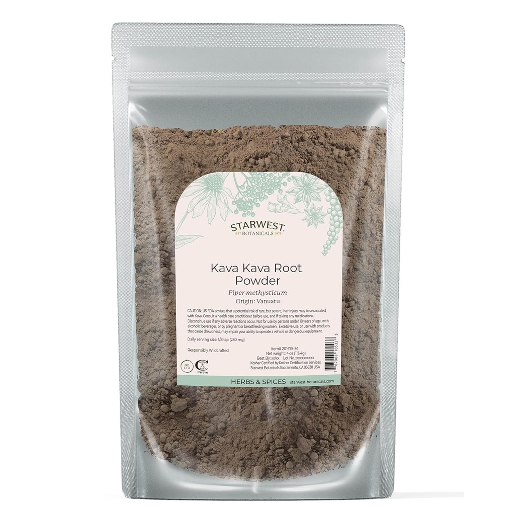 Starwest Botanicals Kava Kava Root Powder - Dried Herb for Tea & Beverages, Promotes Calm, Natural Piper Methysticum, Wildcrafted, Finely Ground, Certified Kosher - 4 oz Pouch