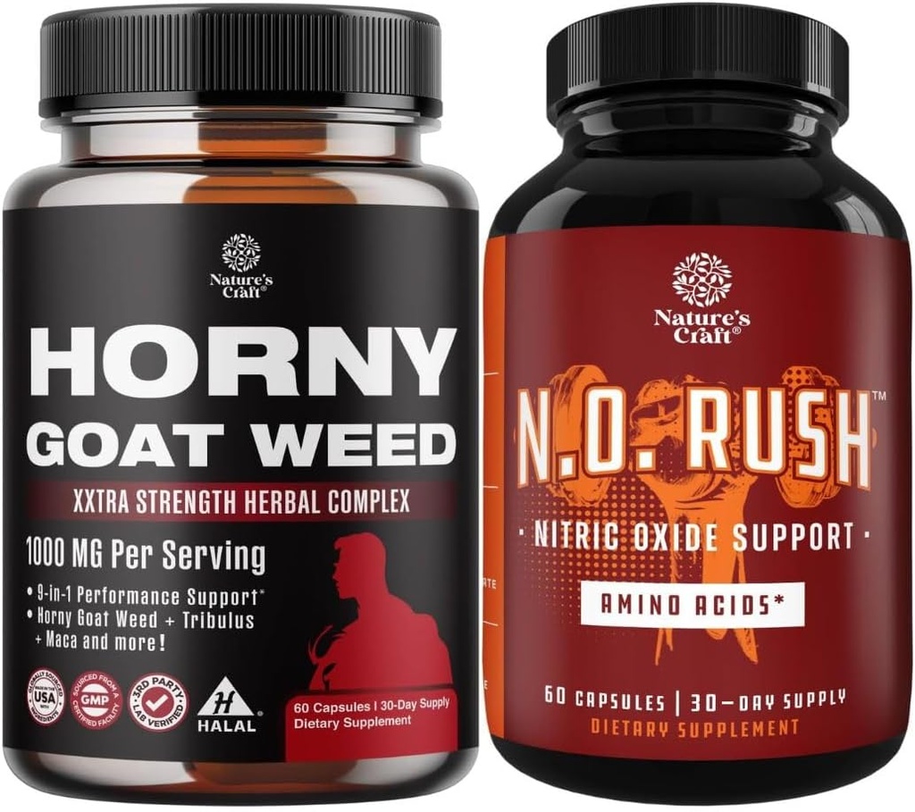 Bundle of Horny Goat Weed Extract Complex and Energizing Nitric Oxide Supplement for Men - with Tribulus Saw Palmetto L Arginine and Tongkat Ali Extract - Nitric Oxide Pills for Men with Beet Root