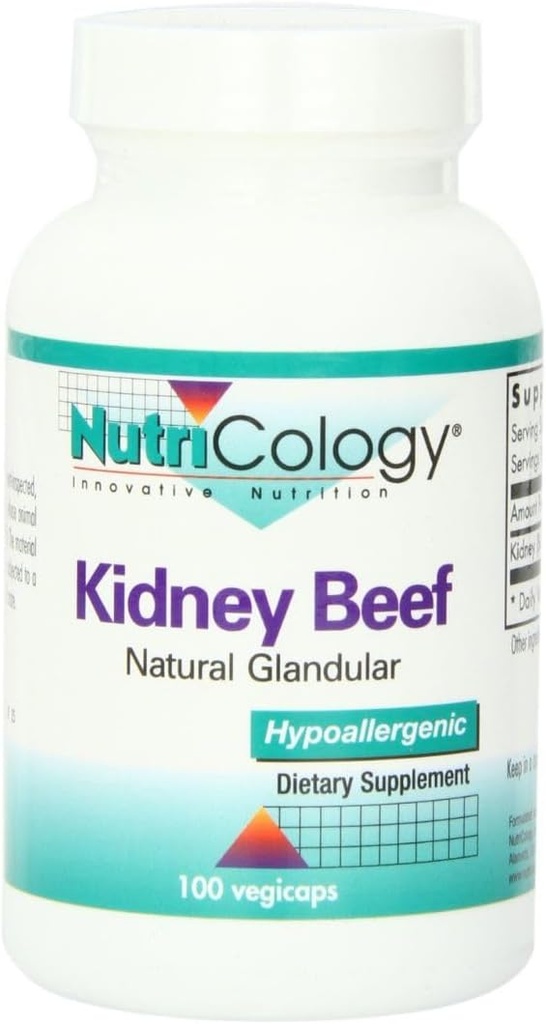 Nutricology Kidney Beef Supplement - Natural Glandular, Freeze-Dried, Bovine, Lyophilized, Beef Organ, 500mg Vegetarian Capsules - 100 Count