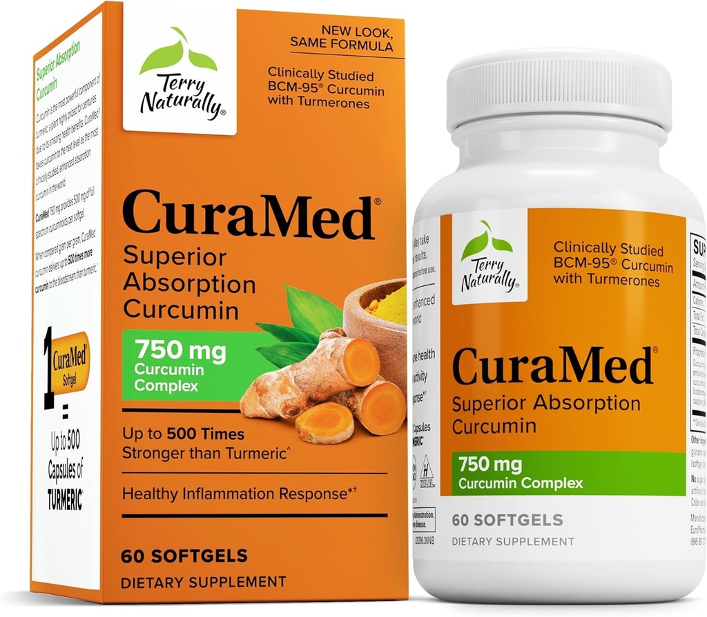 Terry Naturally CuraMed 750mg - Antioxidant Supplement for Brain & Heart Health Support - Dietary Supplement with High-Potency Curcumin Complex - Kidney, Liver & Immune Health Support - 60 Softgels