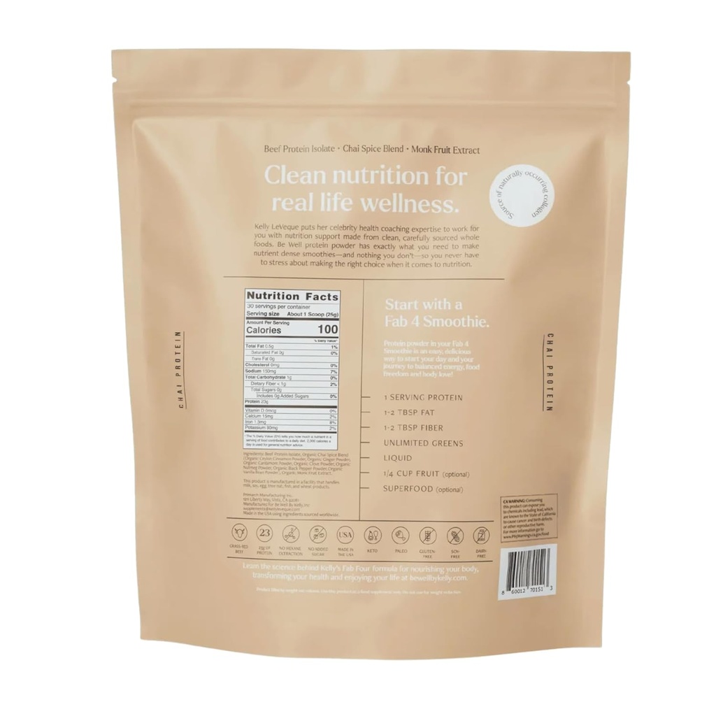 Be Well by Kelly Chai Grass-Fed Beef Protein Powder, 23G of Protein & 1G of Carbs (3 Ingredients, 30 Servings) 9 Amino Acids + 3 BCAAs No Soy, No Dairy, Stevia-Free, No Sugar Added 1.65lb 750g