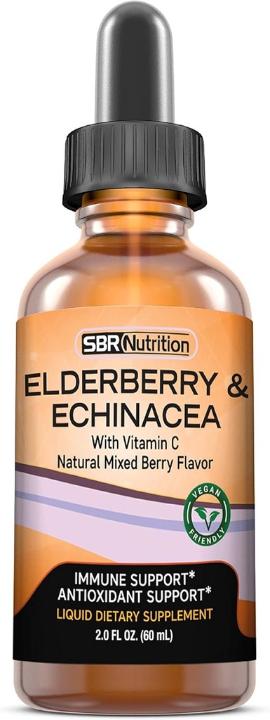 SBR Nutrition Immune Support Liquid Dietary Supplement for Adults, Elderberry and Echinacea with Vitamin C, Organic, Vegan Sambucus Extract Immune System Booster, 2 oz (60 mL)