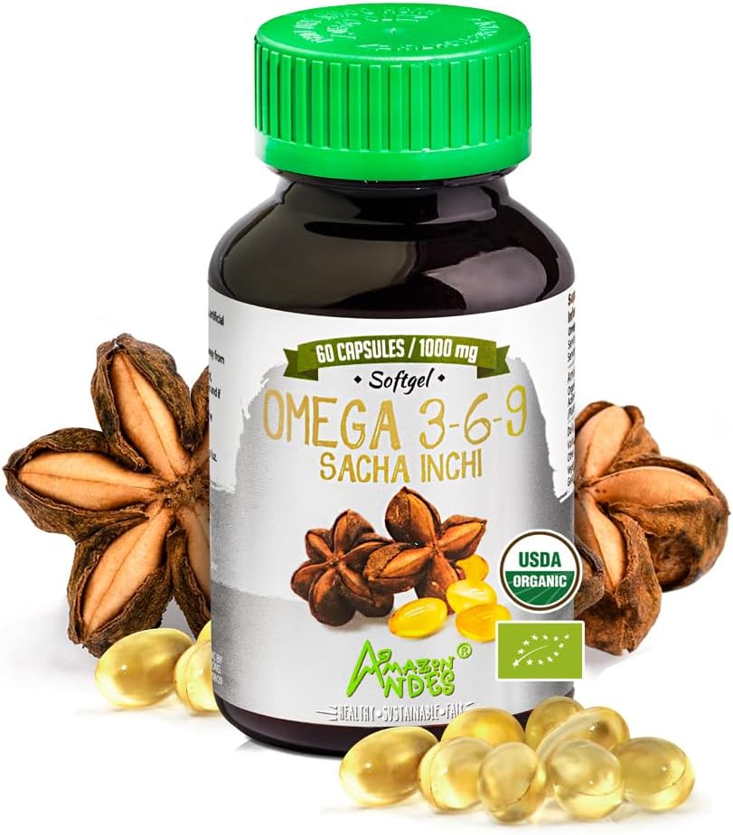 Amazon Andes Sacha Inchi Oil Softgels 1000mg - Organic Odorless Vegan Omega 3-6-9 for Brain & Inflammation Support, Non-GMO, 60 Softgels Made in Peru