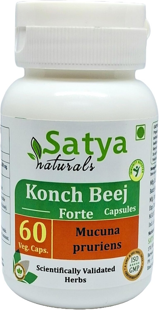 Konch Beej Forte Capsules 500 mg. 60 Veg. Capsule | Konch Beej (Mucuna Pruriens) Extract Capsules for Men and women | Ayurvedic Herbal Supplement/Remedies | 10:1 Forte (1 Bottle of 60 Capsules)