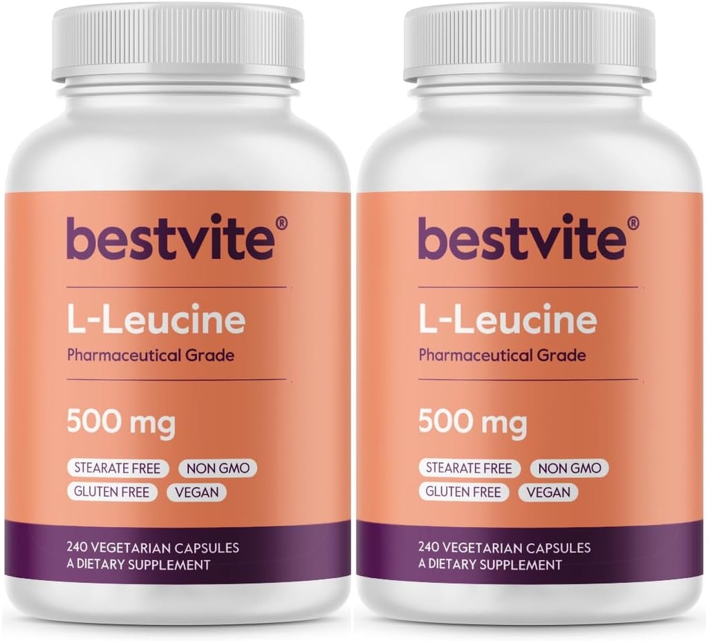BESTVITE Filler-Free L-Leucine 500mg per Capsule (480 Vegetarian Capsules) (240x2) – No Stearates, No Fillers – Vegan, Non-GMO, Gluten-Free Leucine Supplement – Essential Amino Acid Supplement