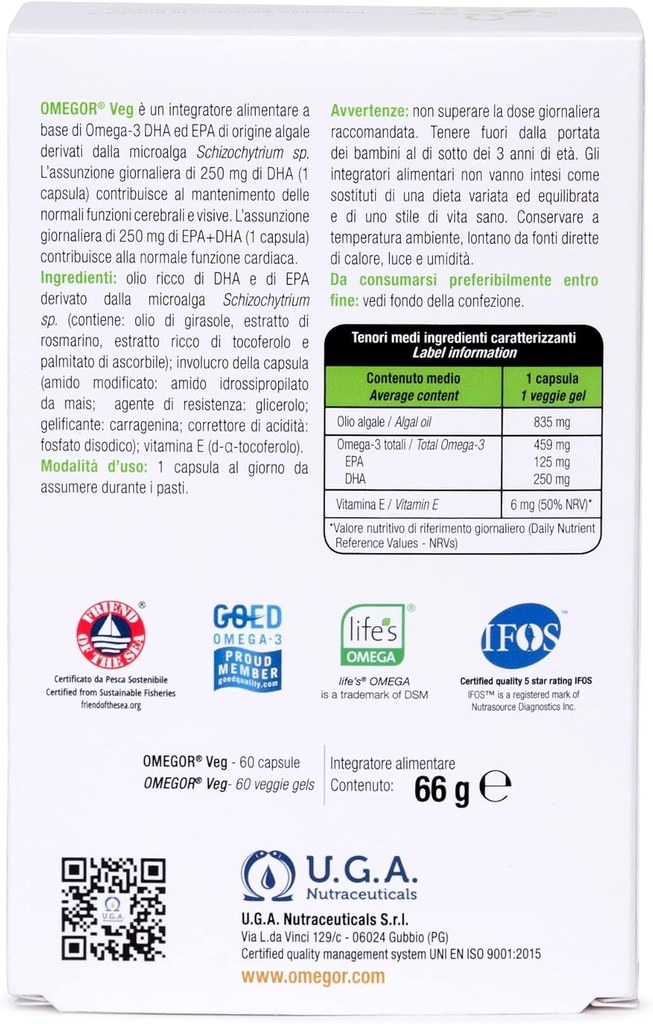 Vegan Omega 3 Supplement OMEGOR Veg - Algae Oil Omega 3 with 250mg EPA and 125mg DHA with Vitamin E - Vegan Society and IFOS Certified (60 Caps)