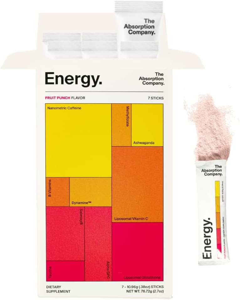 The Absorption Company Energy Drink Powder Mix Packets – Clean Energy Booster to Support Alertness with 150mg Natural Caffeine & Vitamin C – Fruit Punch Flavor, 7 Sticks